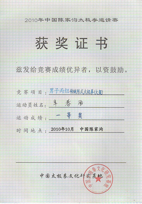 2010陈家沟邀请赛拳一等奖