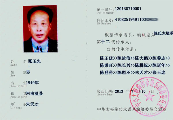 中华太极拳传承人证书