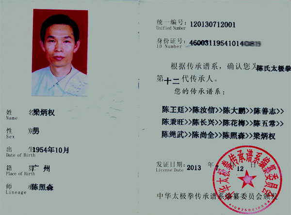 中华太极拳传承人证书