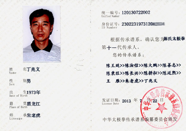 中华太极拳传承人证书