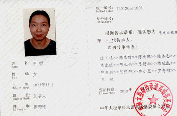 中华太极拳传承人证书