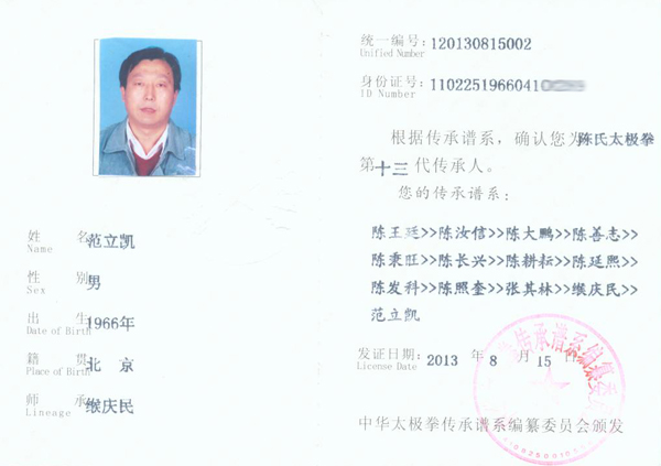 中华太极拳传承人证书