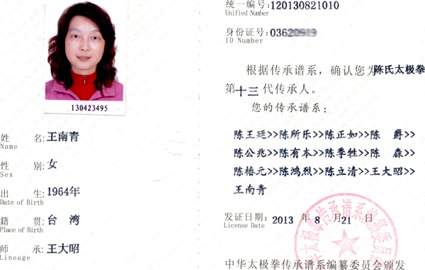 中华太极拳传承人证书