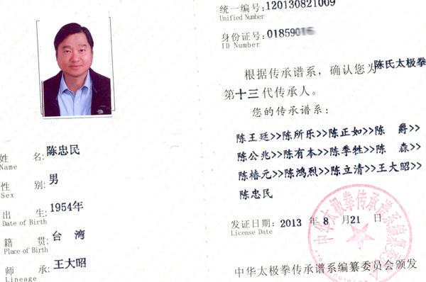 中华太极拳传承人证书