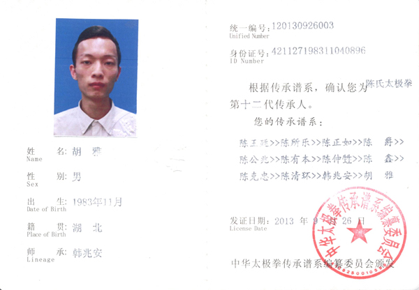 中华太极拳传承人证书