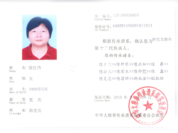 中华太极拳传承人证书