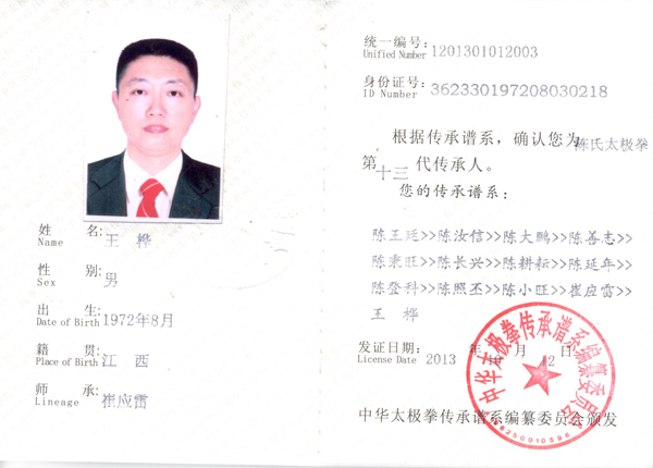 中华太极拳传承人证书