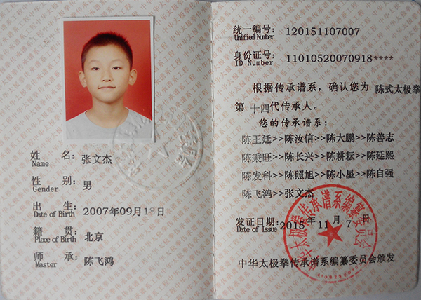 张文杰 陈式太极拳 第14代传人 中华太极拳传承网(taijiren.cn)